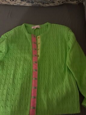 Girls Lime Green Cable-Knit Cardigan with Pink Trim